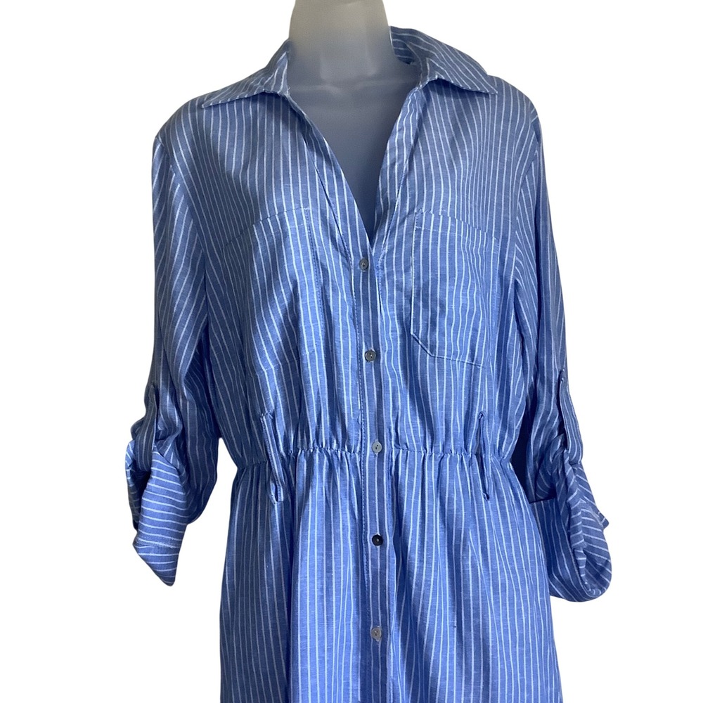 Zara Blue White Striped Linen Blend Button Down Midi Shirt Dress Roll Tab Size M